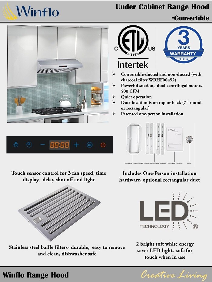 Winflo 30 in. Convertible 500 CFM Under Cabinet Range Hood in Stainless